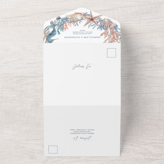 Seekranz | Strand von Seepferd und Muscheln All In One Einladung (Außenbereich)