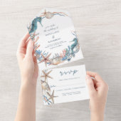 Seekranz | Strand von Seepferd und Muscheln All In One Einladung (Abreißen)