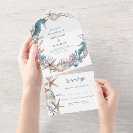 Seekranz | Strand von Seepferd und Muscheln All In One Einladung (Abreißen)