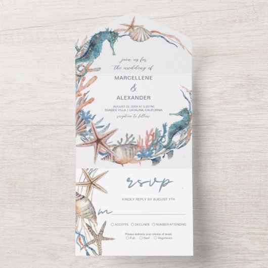 Seekranz | Strand von Seepferd und Muscheln All In One Einladung (Innen Boden)