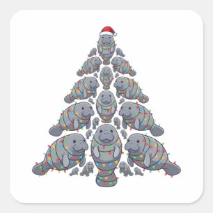 Seekuh-Weihnachtsbaum-Santa-Hut-Weihnachtsbeleucht Quadratischer Aufkleber