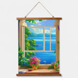 Seelandschaftsbild mit Fensterblick Wandteppich Mit Holzrahmen