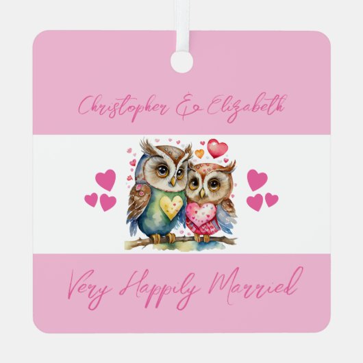 Seeleute niedliche Eulen glücklich verheiratet ros Ornament Aus Metall (Rückseite)