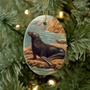 Seelöwe am Meeresufer, Vintage Meeres Säugetiere Keramik Ornament