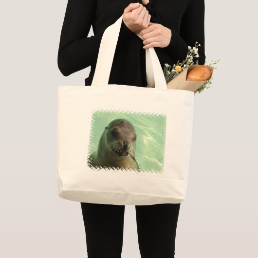 Seelöwe mit Fisch-Leinwand-Tasche Jumbo Stoffbeutel (Vorderseite (Produkt))