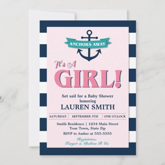 Seemädchen-Anker-Babyparty-Einladungs-Karte Einladung (Vorderseite)