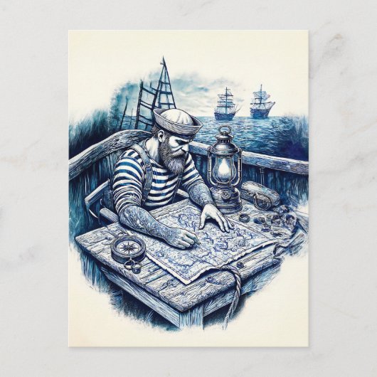 Seemann, der eine Karte auf dem Schiffsdeck liest (Vorderseite)