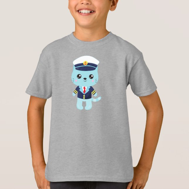 Seemännerkatze, Sailor Hat, Bootsführer, Blue Cat T-Shirt (Vorderseite)