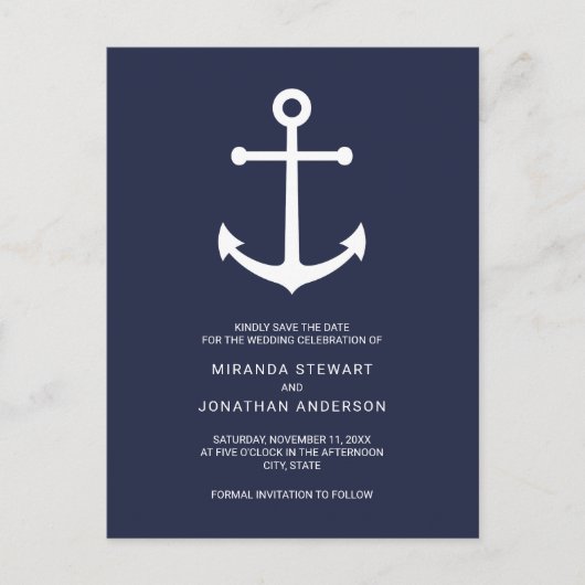 Seemarine-Blau-Anker, der Save the Date Wedding Ankündigungspostkarte (Vorderseite)