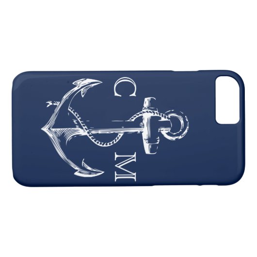 Seemarine-Blau-Skizze-Anker mit Monogramm | Case-Mate iPhone Hülle (Rückseite (Horizontal))
