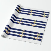 Seemarine-Blau-Weiß Stripes Goldanker Geschenkpapier (Ungerollt)