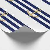 Seemarine-Blau-Weiß Stripes Goldanker Geschenkpapier (Ecke)