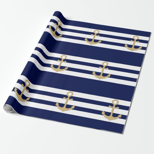 Seemarine-Blau-Weiß Stripes Goldanker Geschenkpapier (Ungerollt)