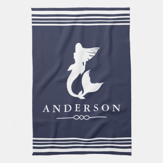 Seemeerjungfrau-weiße Streifen u. Marine Geschirrtuch (Vertikal)