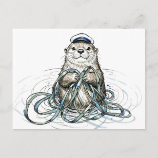 Seeotter hält Kelp in mariner Tintenillustration Postkarte