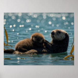 Seeotter-Mutter und -Jungtier schwimmen im glitzer Poster