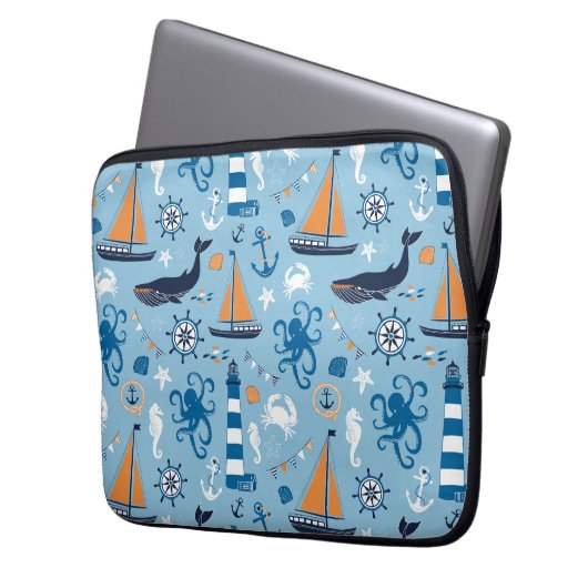 Seeozean-Blau und Orange Laptopschutzhülle (Vorderseite Links)