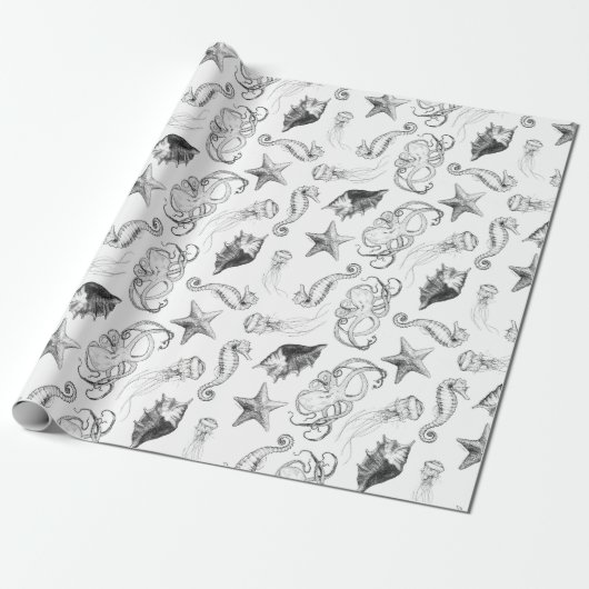 Seeozean-Thema-Seegeschöpfe Schwarzweiss Geschenkpapier (Ungerollt)