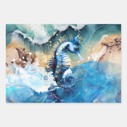 Seepferd 3D blaue goldene Sandstrände Meer Wellen Geschenkpapier Set (Vorderseite 3)
