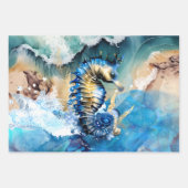 Seepferd 3D blaue goldene Sandstrände Meer Wellen Geschenkpapier Set (Vorderseite 2)