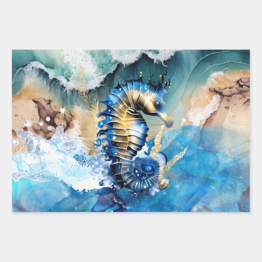 Seepferd 3D blaue goldene Sandstrände Meer Wellen Geschenkpapier Set (Vorderseite 2)