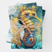 Seepferd 3D blaue goldene Sandstrände Meer Wellen Geschenkpapier Set (Beispiel)