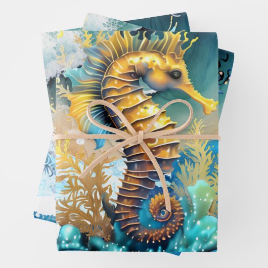 Seepferd 3D blaue goldene Sandstrände Meer Wellen Geschenkpapier Set (Beispiel)
