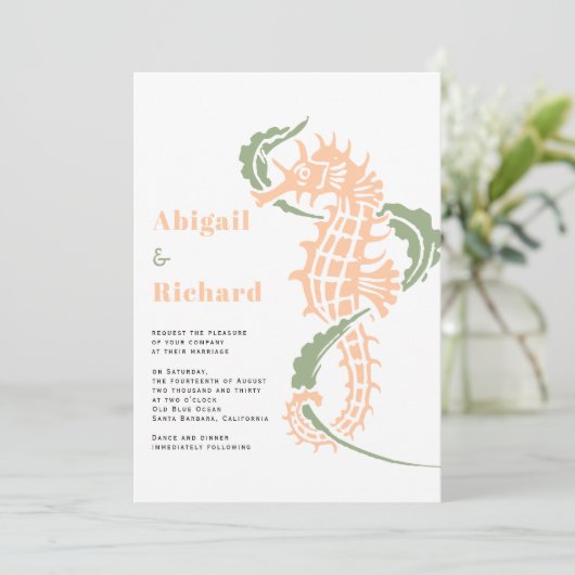 Seepferd, Algenpfirsich, Salbei, grüne Hochzeit am Einladung (Stehend Vorderseite)