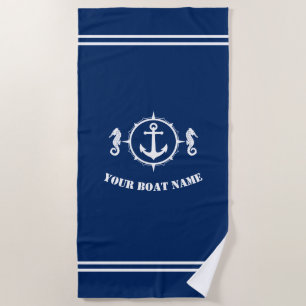 Seepferd Anker mit Schiffsname auf Navy Blue Strandtuch