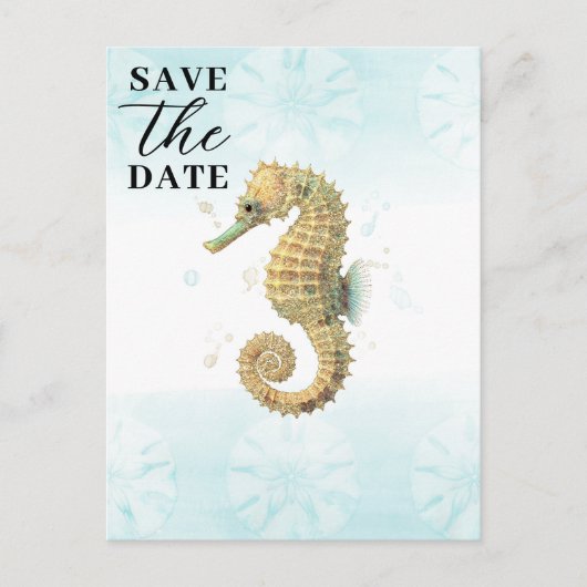 Seepferd Aquamarin & Gold Aquarellfarbe Save the D Ankündigungspostkarte (Vorderseite)