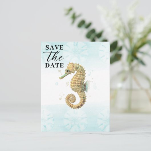 Seepferd Aquamarin & Gold Aquarellfarbe Save the D Ankündigungspostkarte (Stehend Vorderseite)