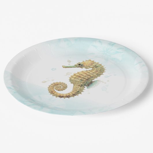 Seepferd Aquamarin & Gold Küstenstrand Pappteller (Schrägansicht)