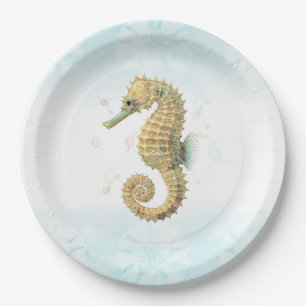 Seepferd Aquamarin & Gold Küstenstrand Pappteller