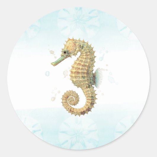 Seepferd Aquamarin & Gold Küstenstrand Runder Aufkleber (Vorderseite)