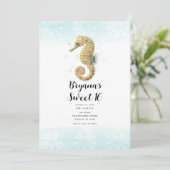 Seepferd Aquamarin & Gold Wasserfarbe Süß 16 Einladung (Stehend Vorderseite)