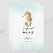 Seepferd Aquamarin & Gold Wasserfarbe Süß 16 Einladung (Vorne/Hinten)