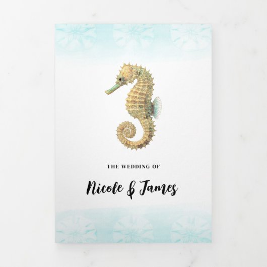 Seepferd Aquamarin & Gold Wasserfarbenhochzeit Dreifach Gefaltete Einladung (Cover)