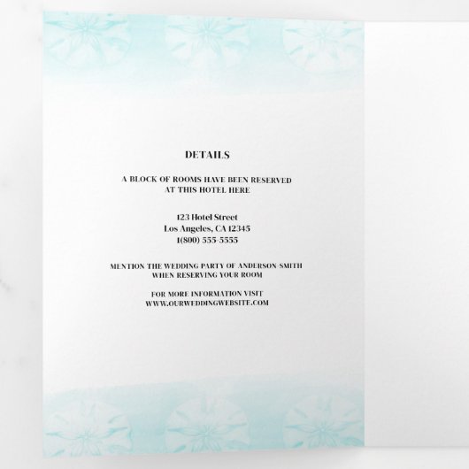 Seepferd Aquamarin & Gold Wasserfarbenhochzeit Dreifach Gefaltete Einladung (Innen Erste Seite)