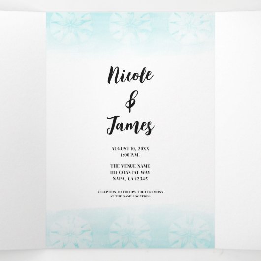 Seepferd Aquamarin & Gold Wasserfarbenhochzeit Dreifach Gefaltete Einladung (Innenseite Mitte)