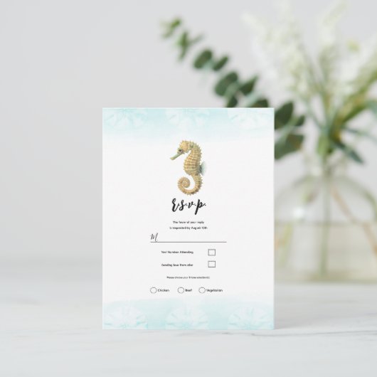 Seepferd Aquamarin & Gold Watercolor Wedding RSVP Einladung (Stehend Vorderseite)