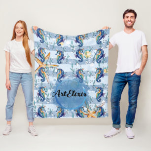Seepferd Aquarell Blue Print Fleecedecke