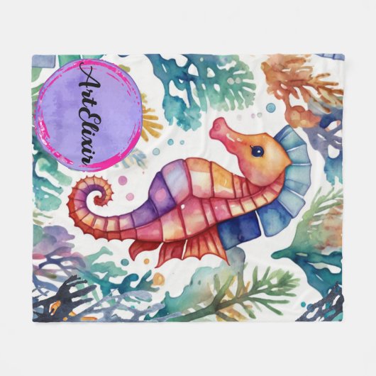 Seepferd Aquarelldruck Fleecedecke (Vorderseite (Horizontal))