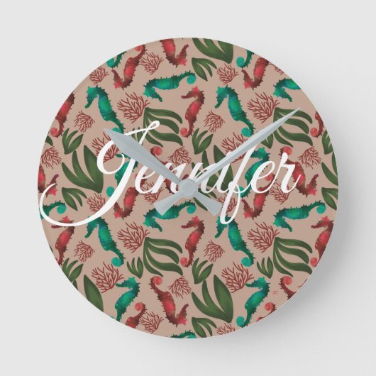Seepferd Aquarellfarbe Rosa Personalisiert Runde Wanduhr (Vorderseite)
