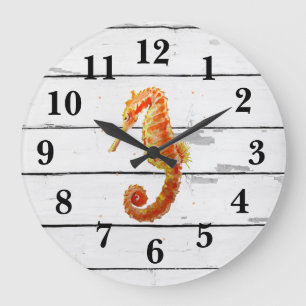 Seepferd Beach Deco Rustikale Shiplap Große Wanduhr
