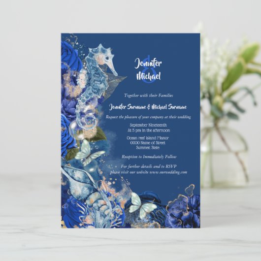Seepferd Beach Schmetterling Blaue Orangenhochzeit Einladung (Stehend Vorderseite)