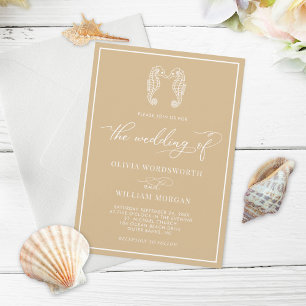 Seepferd Beige Sand Coastal Beach Script Hochzeit Einladung
