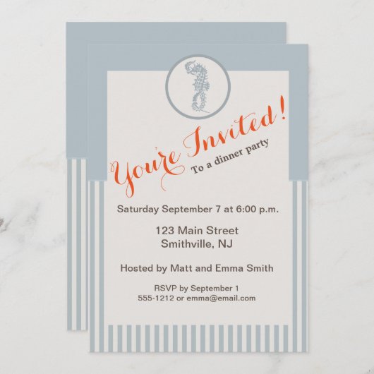 Seepferd Blue Classic Nautical Elegante Einladung (Vorne/Hinten)