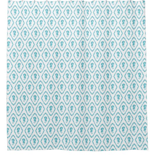 Seepferd Blue White Geometric Beach Pattern Duschvorhang (Vorderseite)