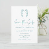 Seepferd Coastal Beach Aqua Blue Wedding Save The Date (Stehend Vorderseite)