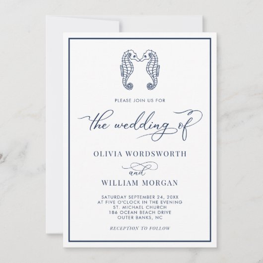Seepferd Coastal Beach Elegant Script Navy Hochzei Einladung (Vorderseite)